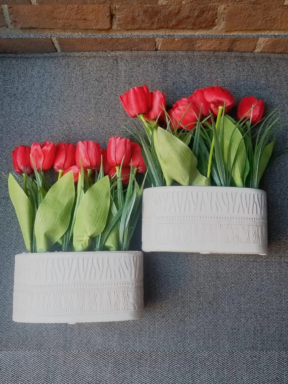 Red Tulips Artificial Arrangement in White Glazed Ceramic Planter